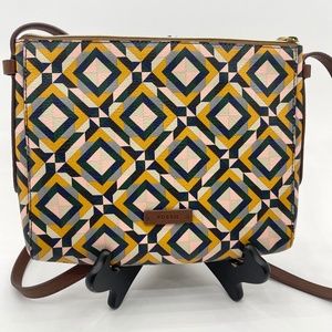 Fossil Crossbody Bag Yellow Geometric Vegan Leather Strap Pocket Outside
